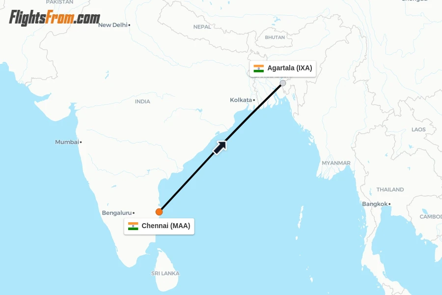 Flights from Chennai to Agartala route map
