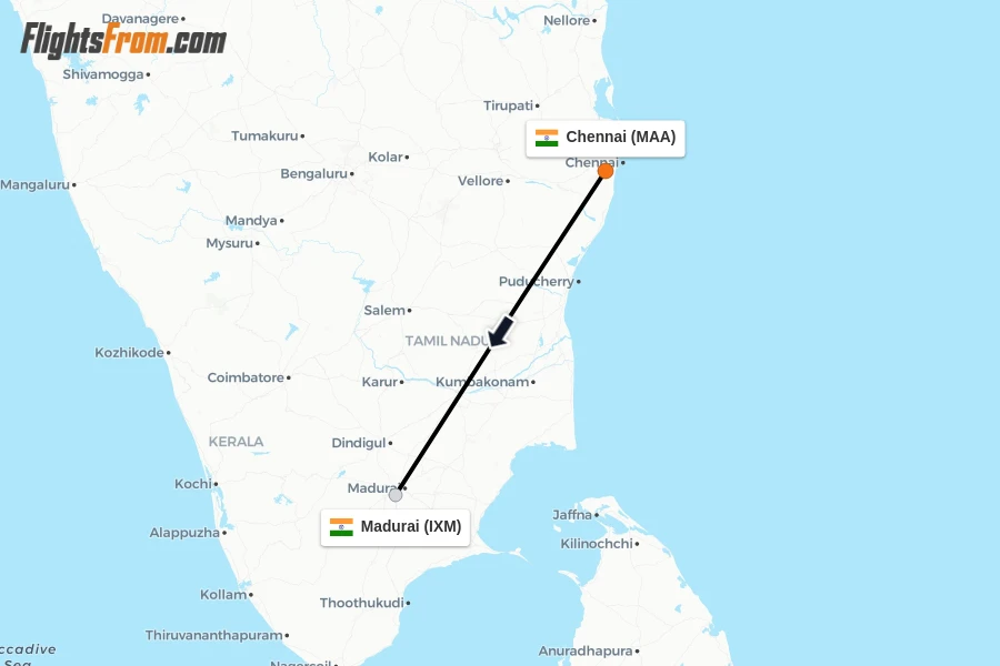 Flights from Chennai to Madurai route map