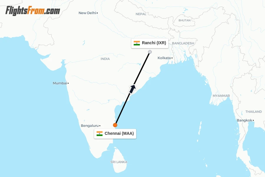 Flights from Chennai to Ranchi route map