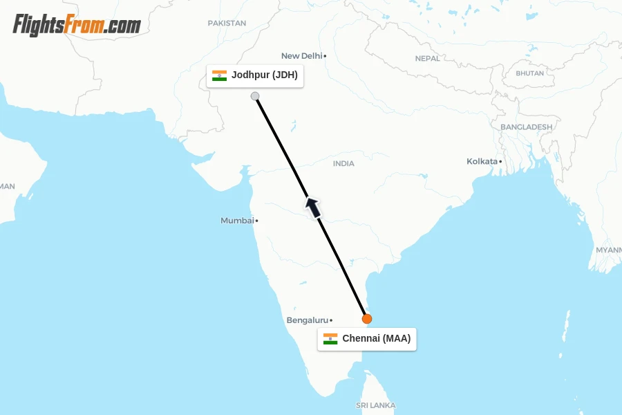 Flights from Chennai to Jodhpur route map