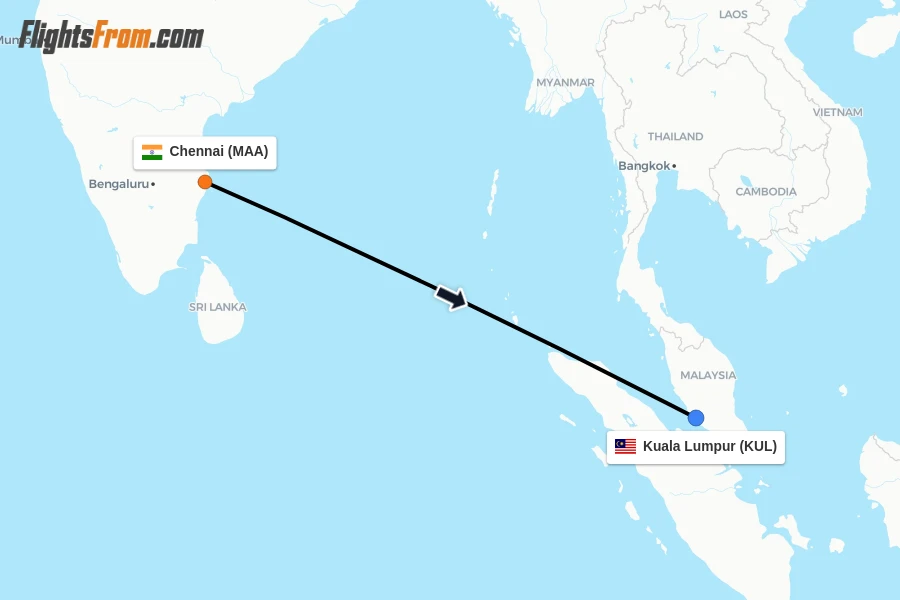 Flights from Chennai to Kuala Lumpur route map