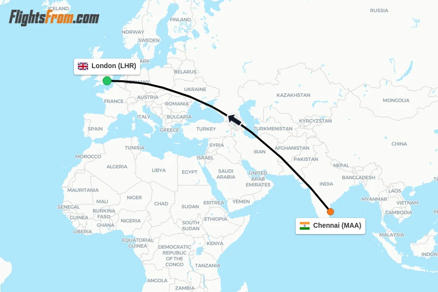Flights from Chennai to London route map