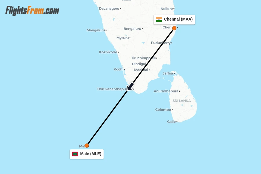 Flights from Chennai to Male route map