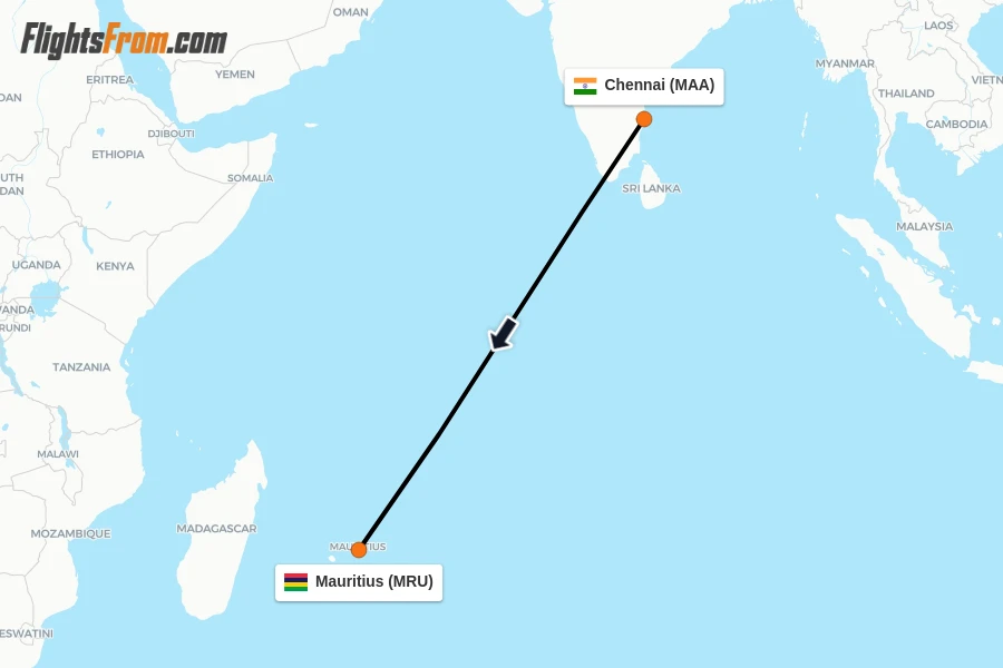 Flights from Chennai to Mauritius route map