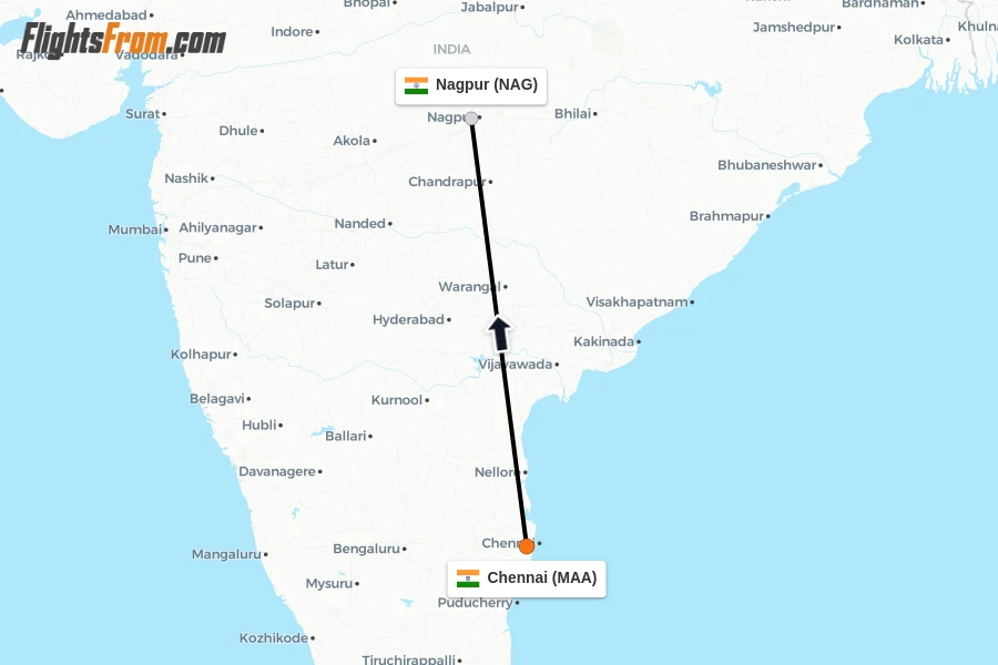 Flights from Chennai to Nagpur route map