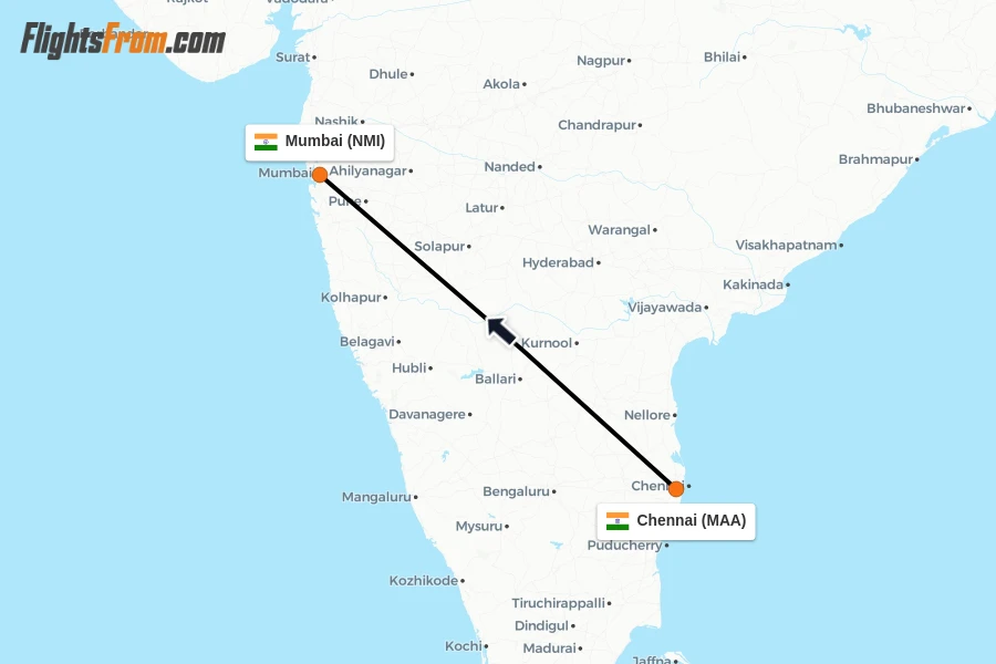 Flights from Chennai to Mumbai route map