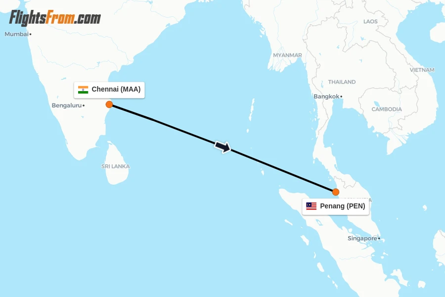 Flights from Chennai to Penang route map