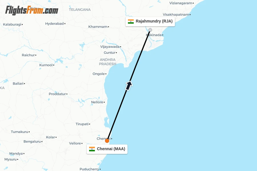 Flights from Chennai to Rajahmundry route map