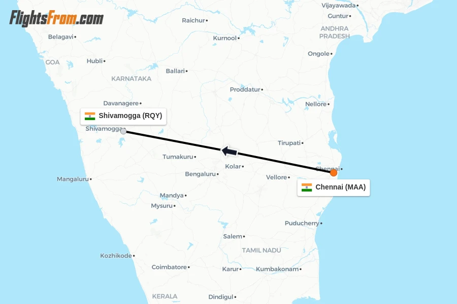 Flights from Chennai to Shivamogga route map