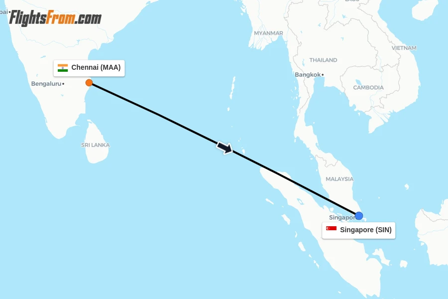 Flights from Chennai to Singapore route map