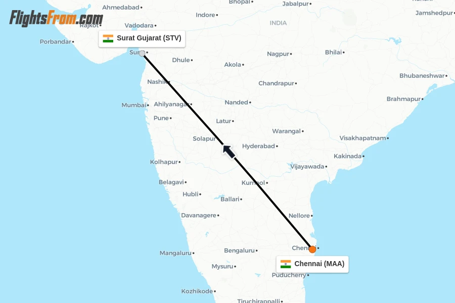 Flights from Chennai to Surat Gujarat route map