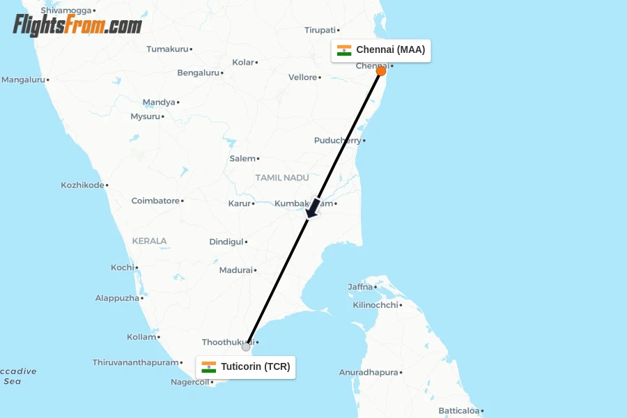 Flights from Chennai to Tuticorin route map