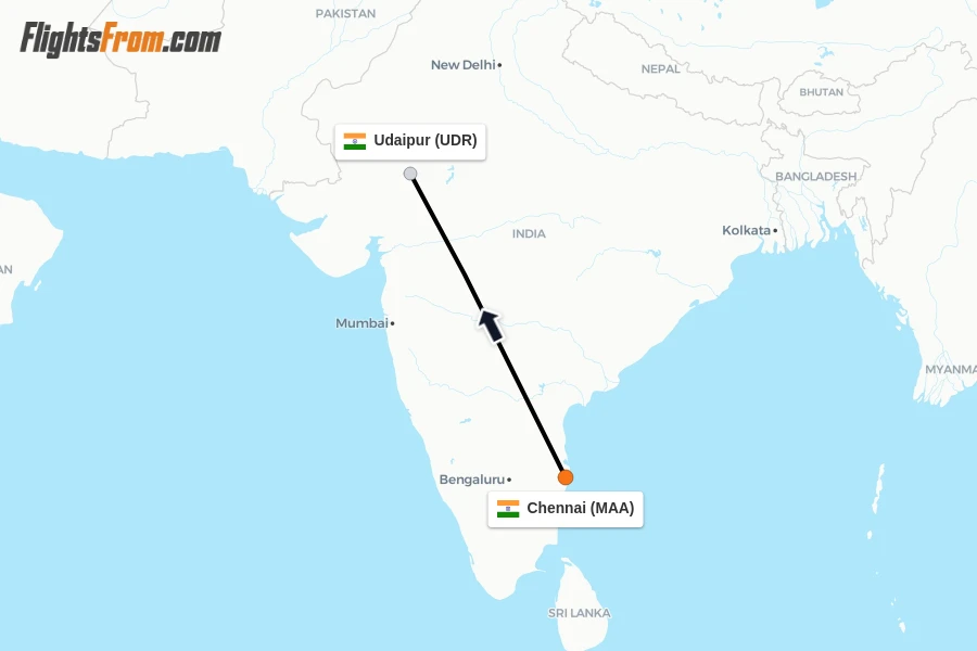 Flights from Chennai to Udaipur route map