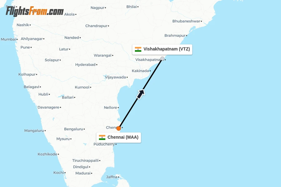 Flights from Chennai to Vishakhapatnam route map