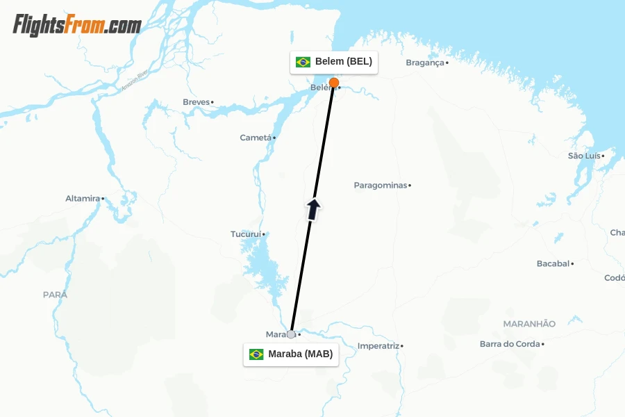 Flights from Maraba to Belem route map