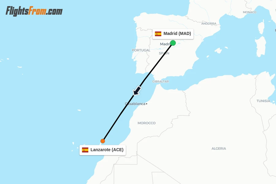 Flights from Madrid to Lanzarote route map