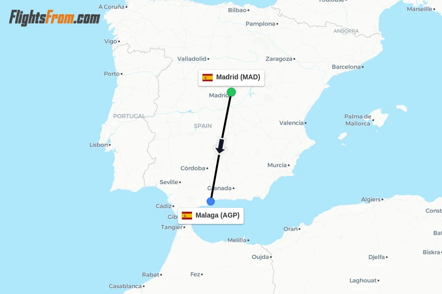 Flights from Madrid to Malaga route map