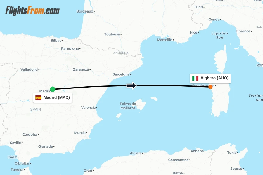 Flights from Madrid to Alghero route map