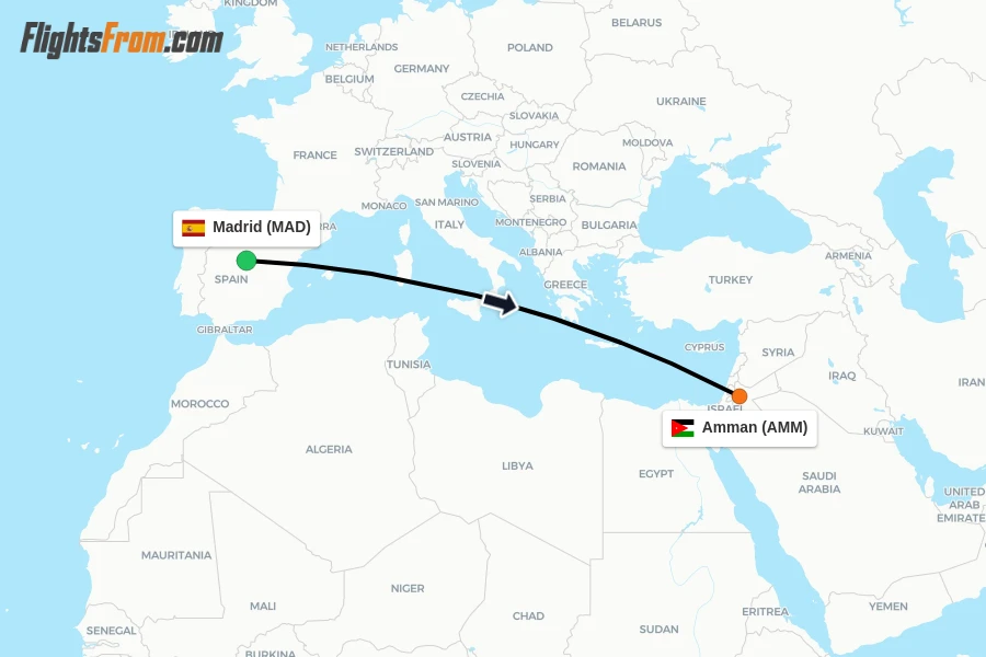 Flights from Madrid to Amman route map