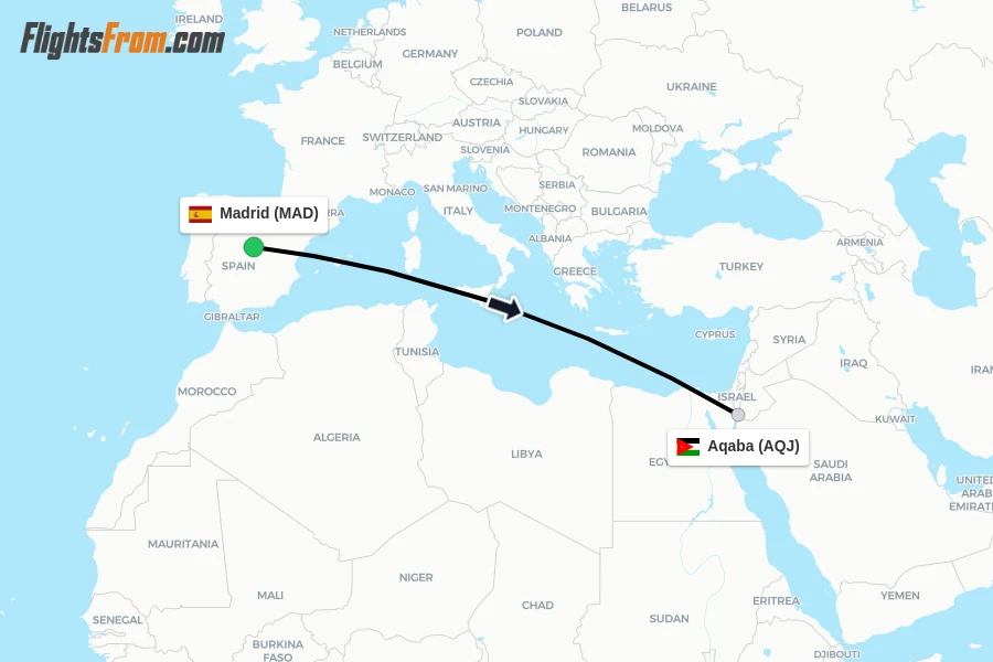 Flights from Madrid to Aqaba route map