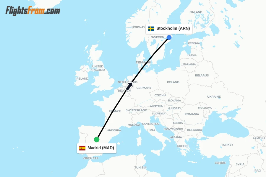 Flights from Madrid to Stockholm route map
