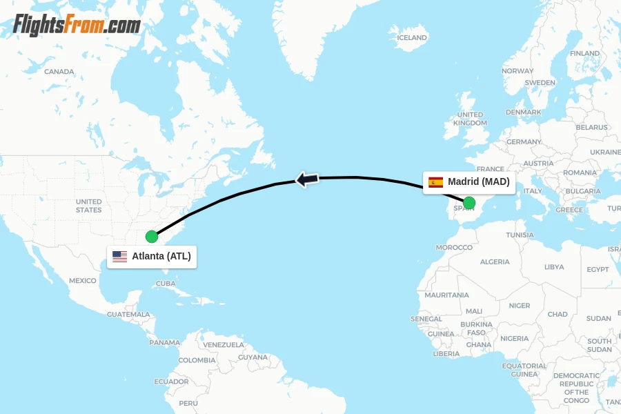 Flights from Madrid to Atlanta route map