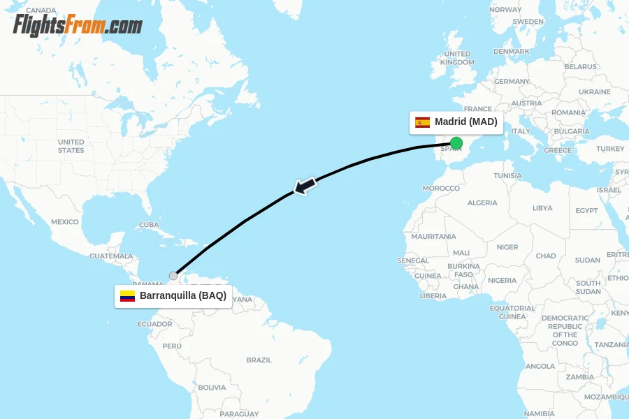 Flights from Madrid to Barranquilla route map