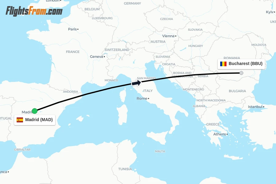 Flights from Madrid to Bucharest route map