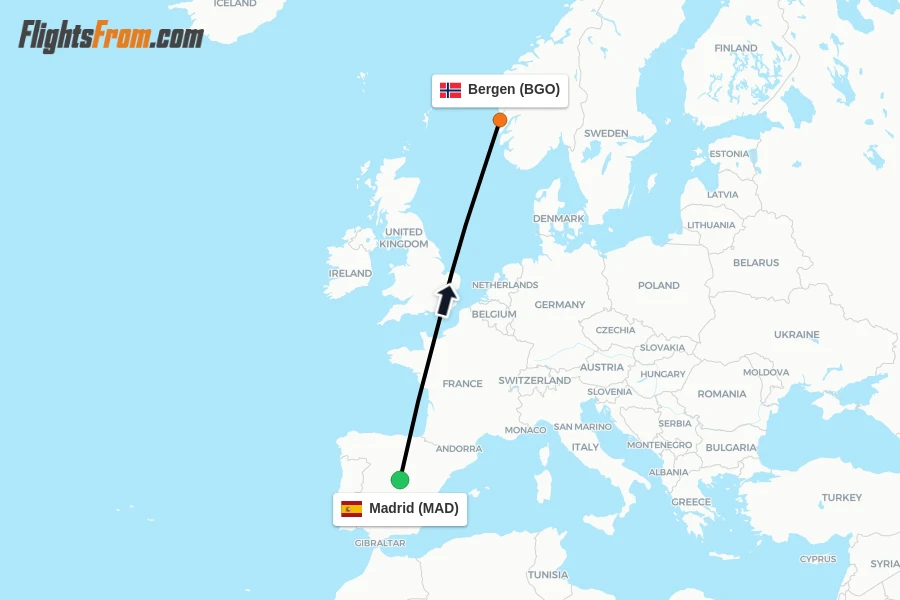 Flights from Madrid to Bergen route map