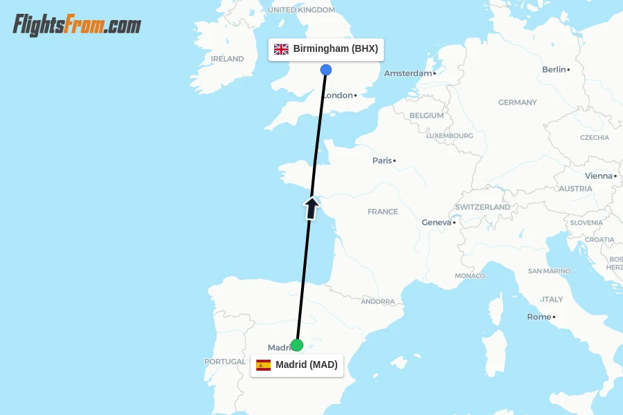 Flights from Madrid to Birmingham route map