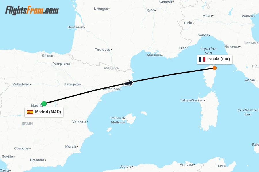 Flights from Madrid to Bastia route map