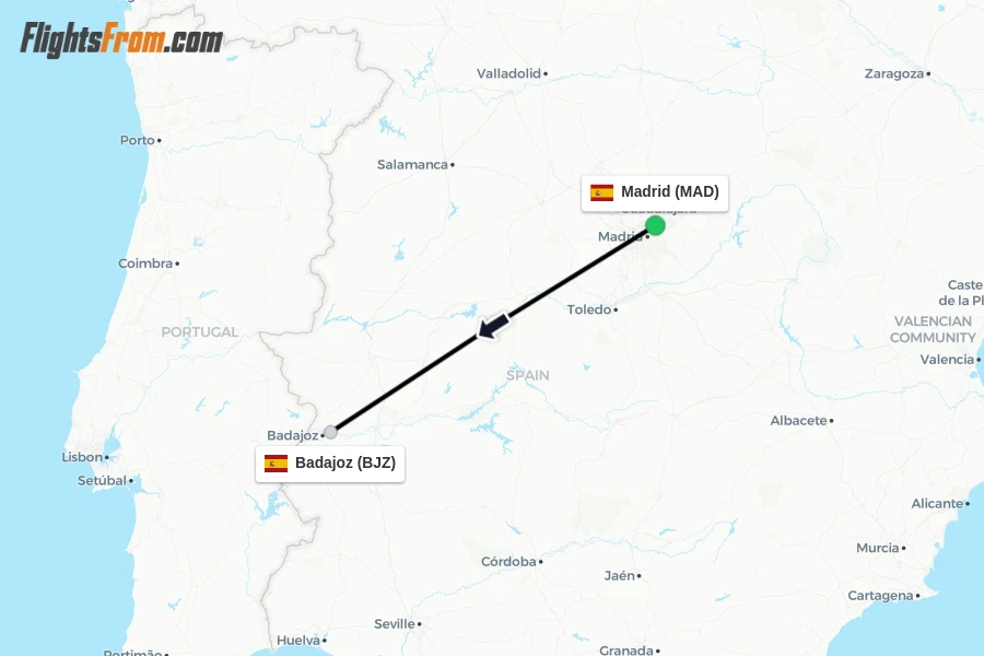 Flights from Madrid to Badajoz route map