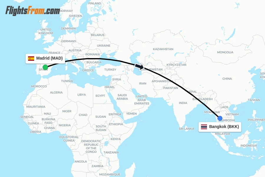 Flights from Madrid to Bangkok route map