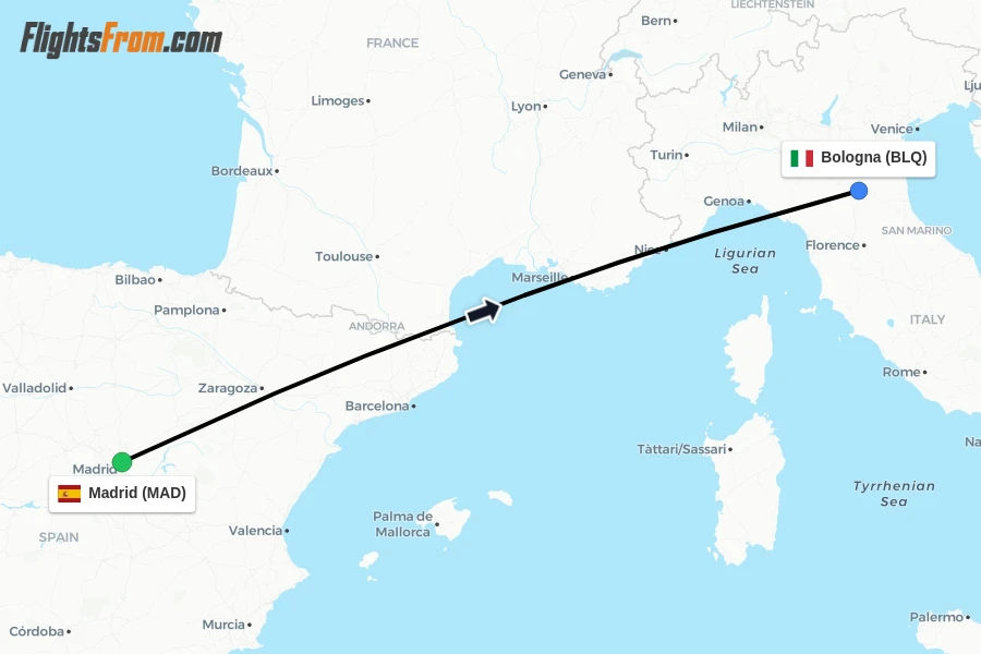 Flights from Madrid to Bologna route map