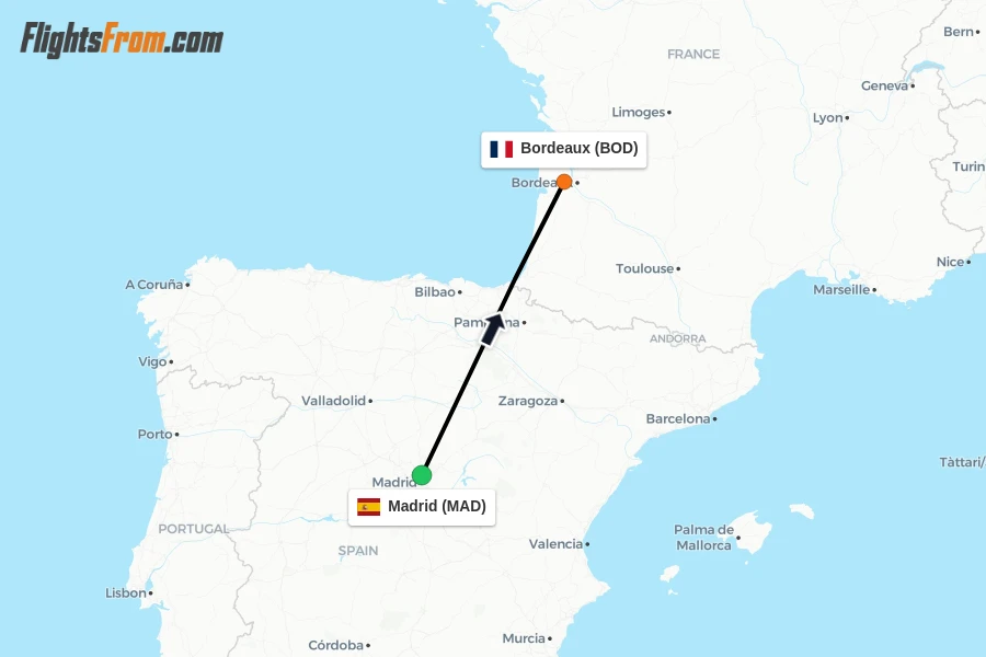 Flights from Madrid to Bordeaux route map