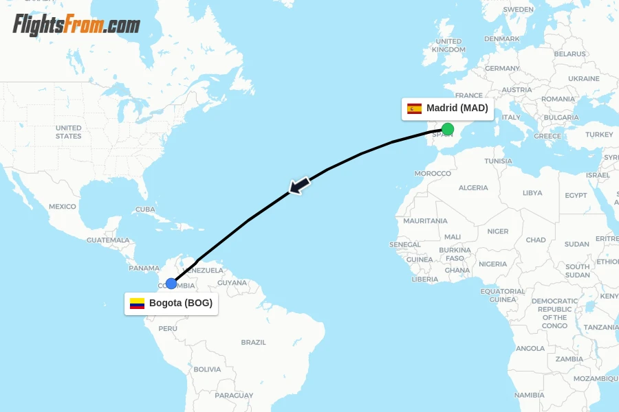 Flights from Madrid to Bogota route map