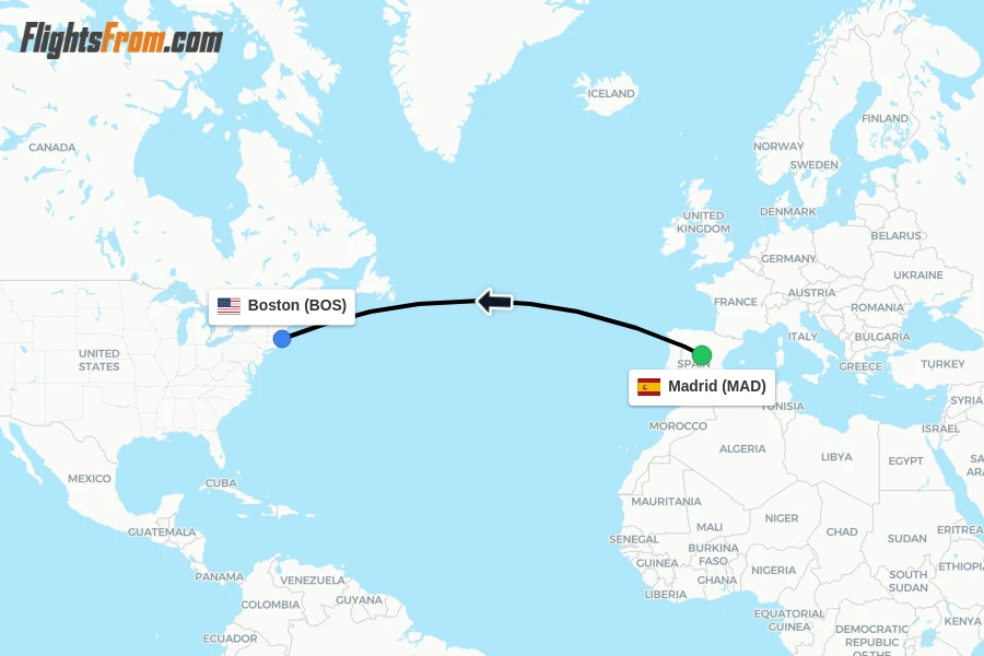 Flights from Madrid to Boston route map
