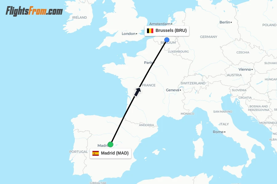 Flights from Madrid to Brussels route map