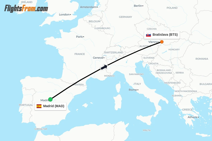 Flights from Madrid to Bratislava route map