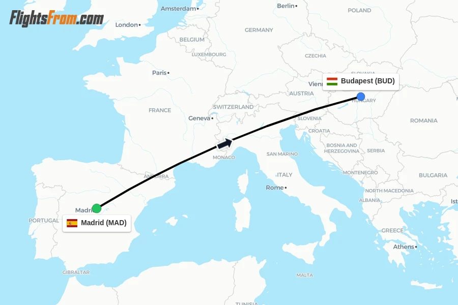 Flights from Madrid to Budapest route map