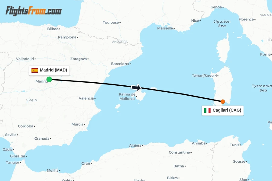 Flights from Madrid to Cagliari route map