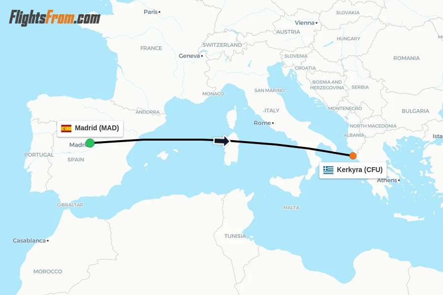Flights from Madrid to Kerkyra route map
