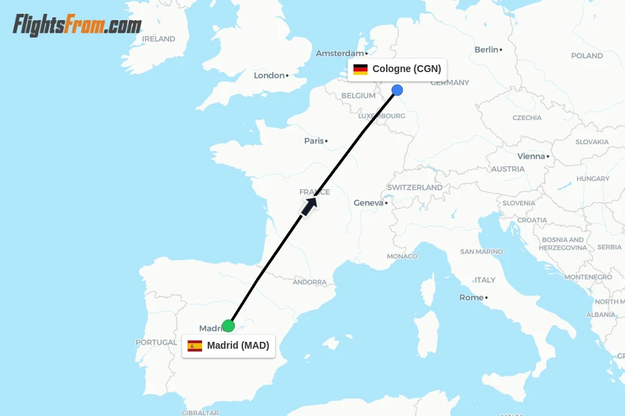 Flights from Madrid to Cologne route map