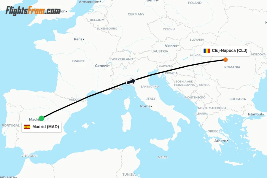 Flights from Madrid to Cluj-Napoca route map