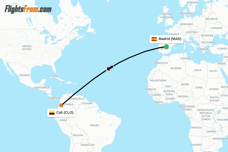 Flights from Madrid to Cali route map