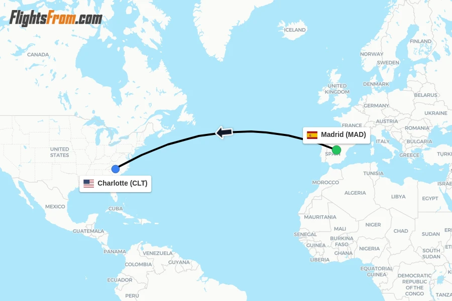 Flights from Madrid to Charlotte route map