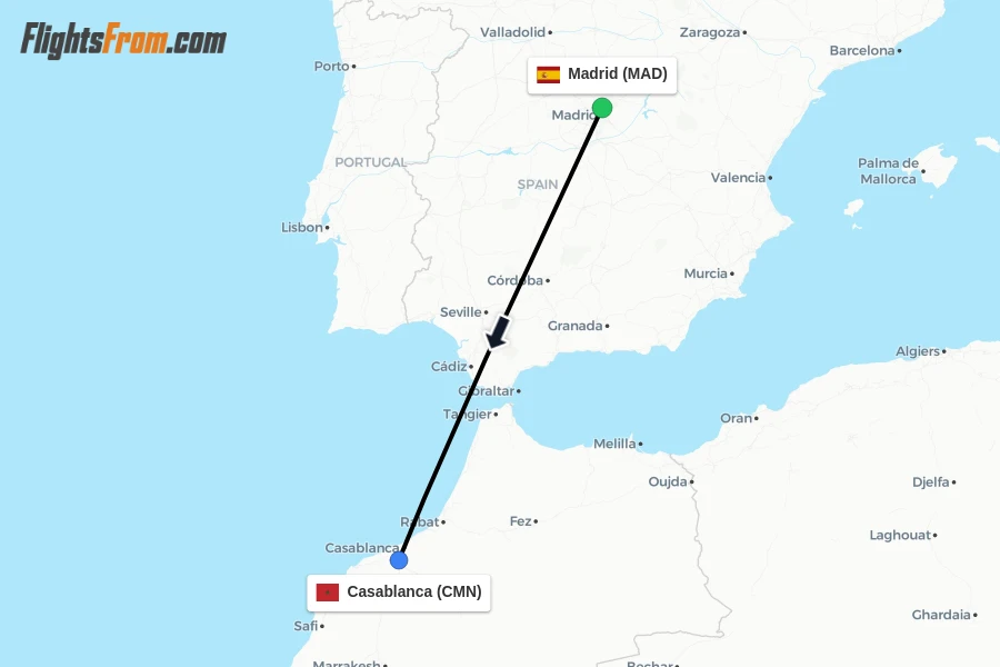 Flights from Madrid to Casablanca route map