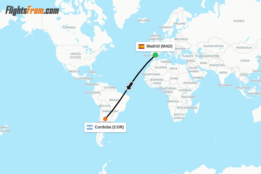 Flights from Madrid to Cordoba route map