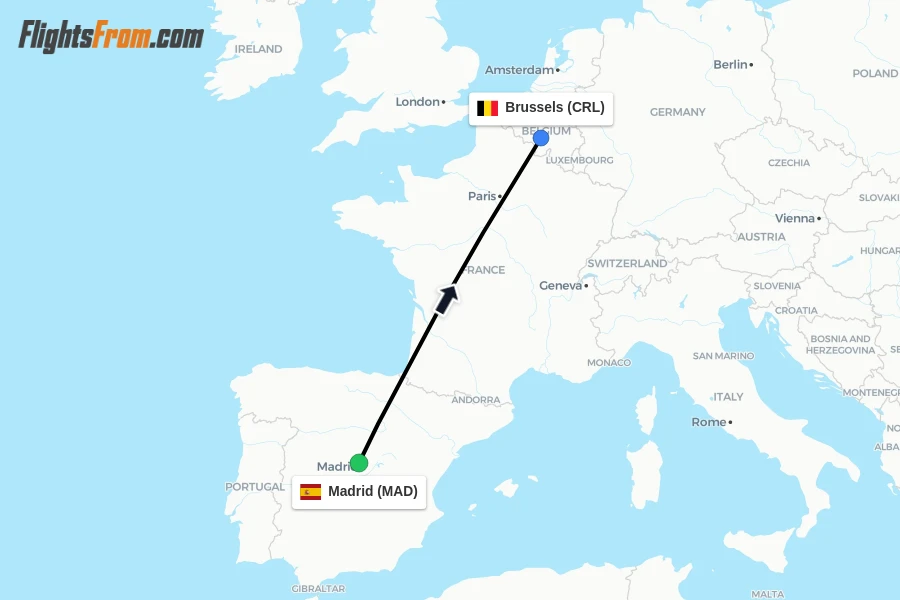 Flights from Madrid to Brussels route map