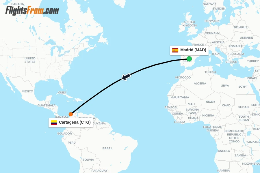 Flights from Madrid to Cartagena route map